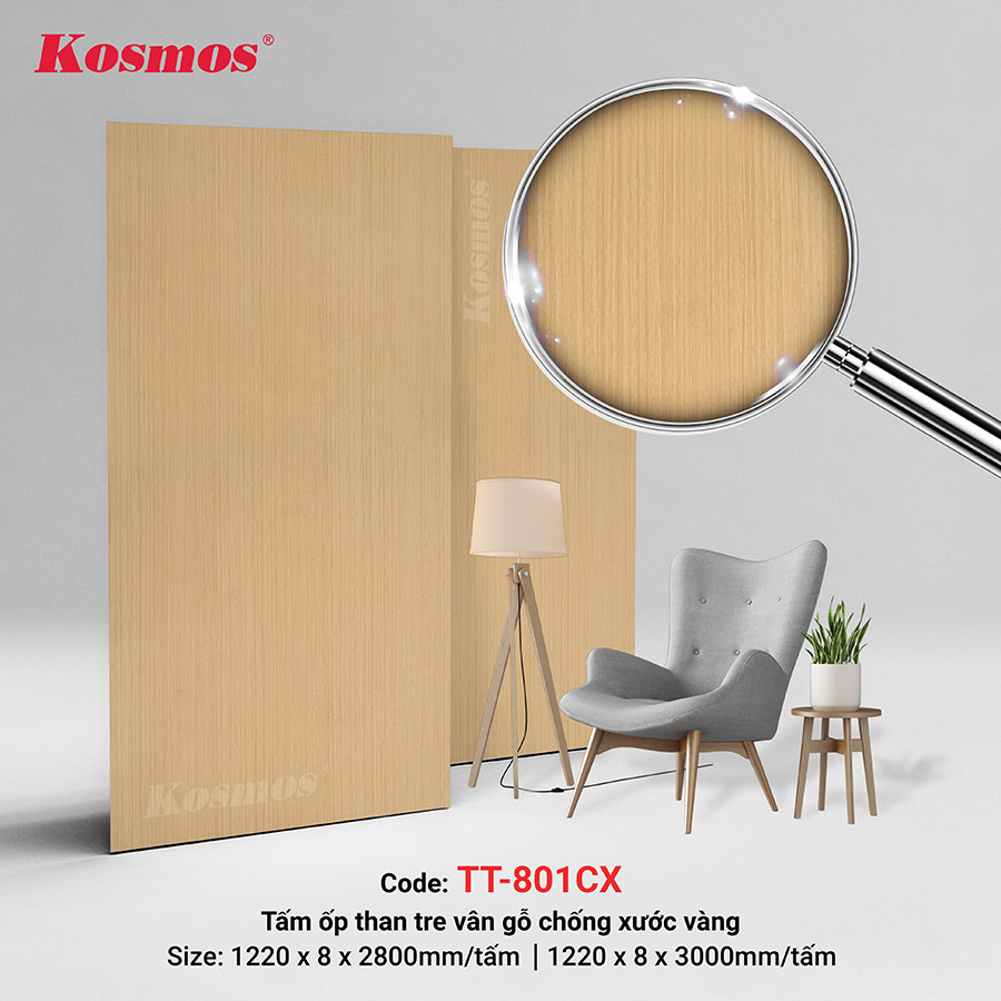 Tấm ốp tường than tre vân gỗ chống xước màu vàng TT801-CX Tấm ốp tường than tre vân gỗ chống xước màu vàng TT801-CX