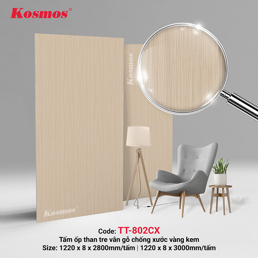 Tấm ốp than tre vân gỗ màu vàng kem TT802-CX chống xước Tấm ốp than tre vân gỗ màu vàng kem TT802-CX chống xước