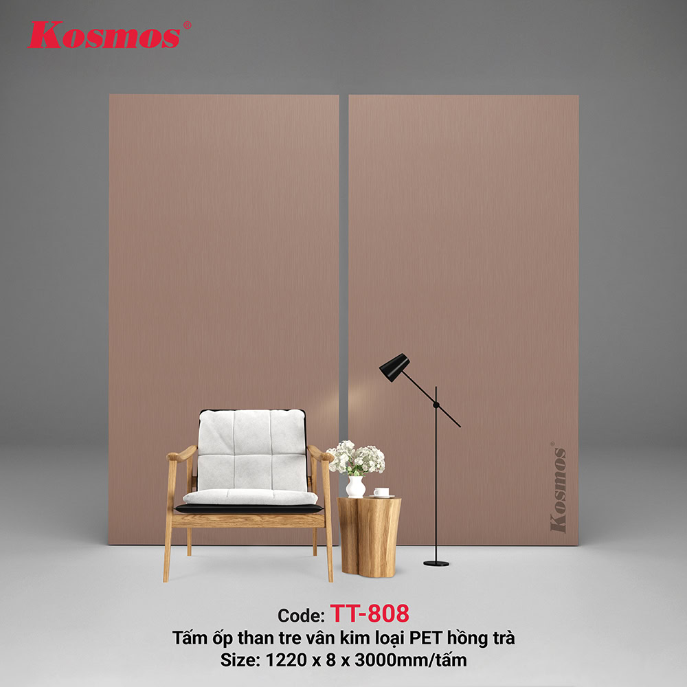 Tấm ốp than tre Kosmos TT-808 vân kim loại PET hồng trà
