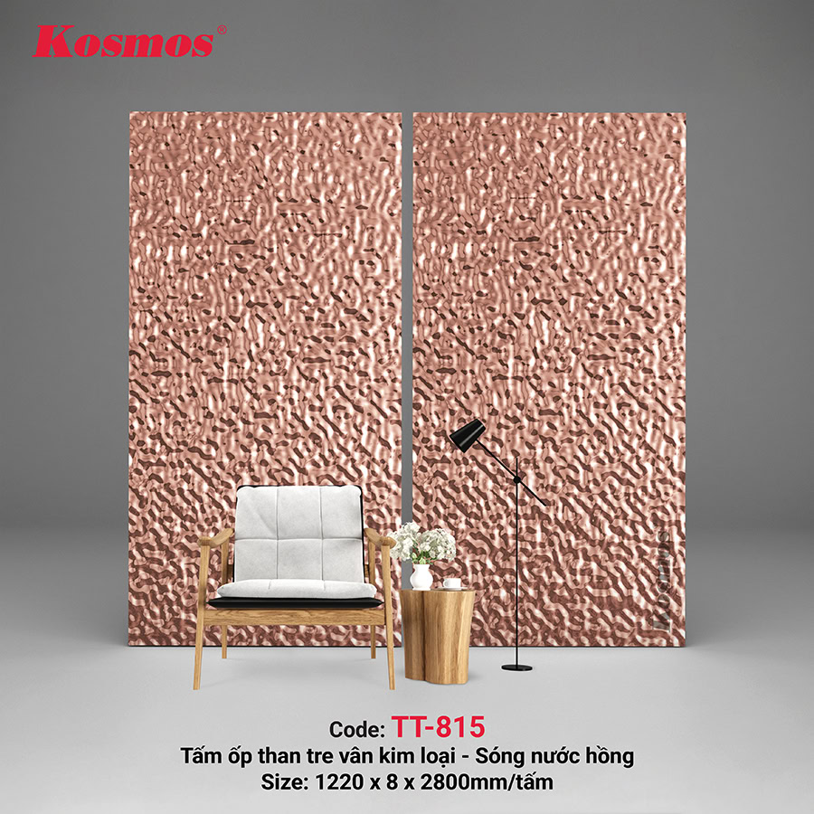 Tấm ốp than tre Kosmos vân sóng nước TT-815 phủ PET màu hồng trà Tấm ốp than tre Kosmos vân sóng nước TT-815 phủ PET màu hồng trà