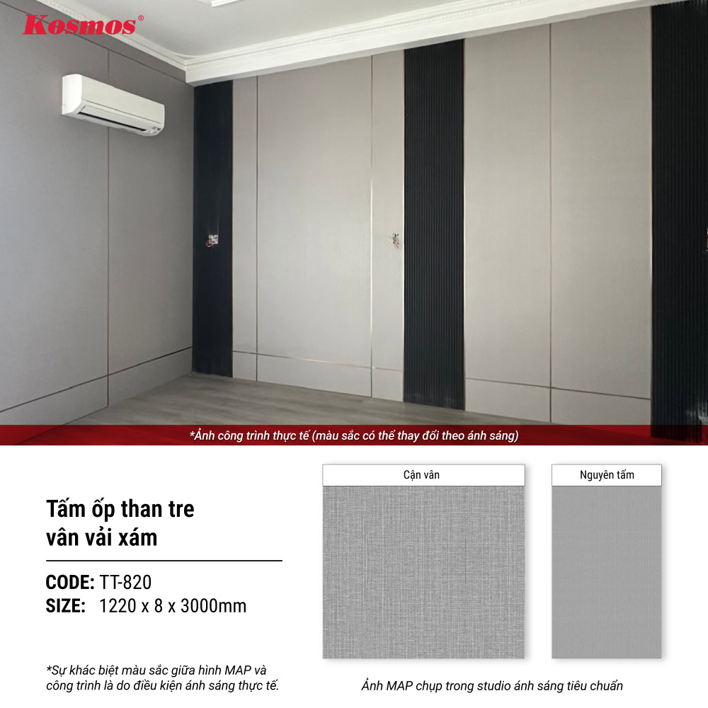 Hình ứng dụng tấm ốp than tre TT-820 Vân vải xám Hình ứng dụng tấm ốp than tre TT-820 Vân vải xám