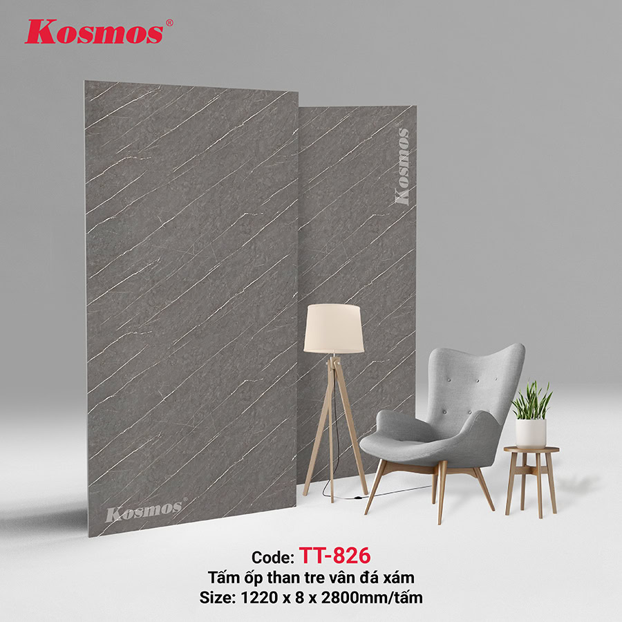 Tấm ốp sợi than tre vân đá xám Kosmos TT-826 Tấm ốp sợi than tre vân đá xám Kosmos TT-826