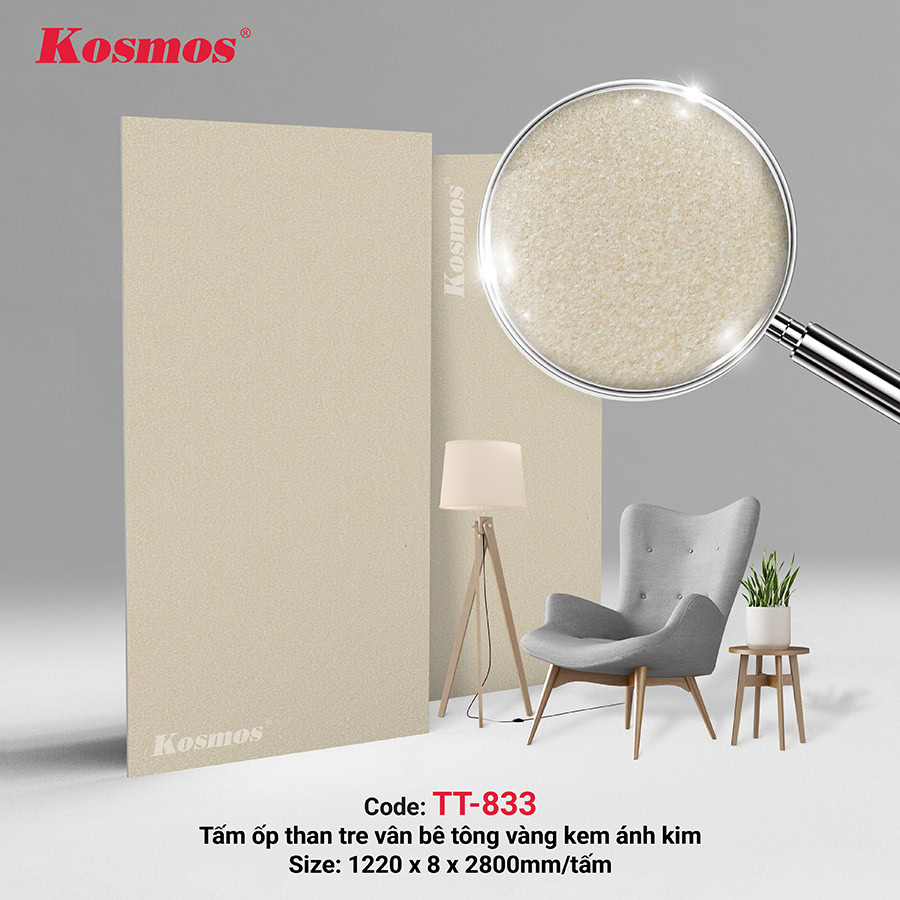 Tấm ốp sợi than tre vân bê tông trắng kem TT-833 Tấm ốp sợi than tre vân bê tông trắng kem TT-833