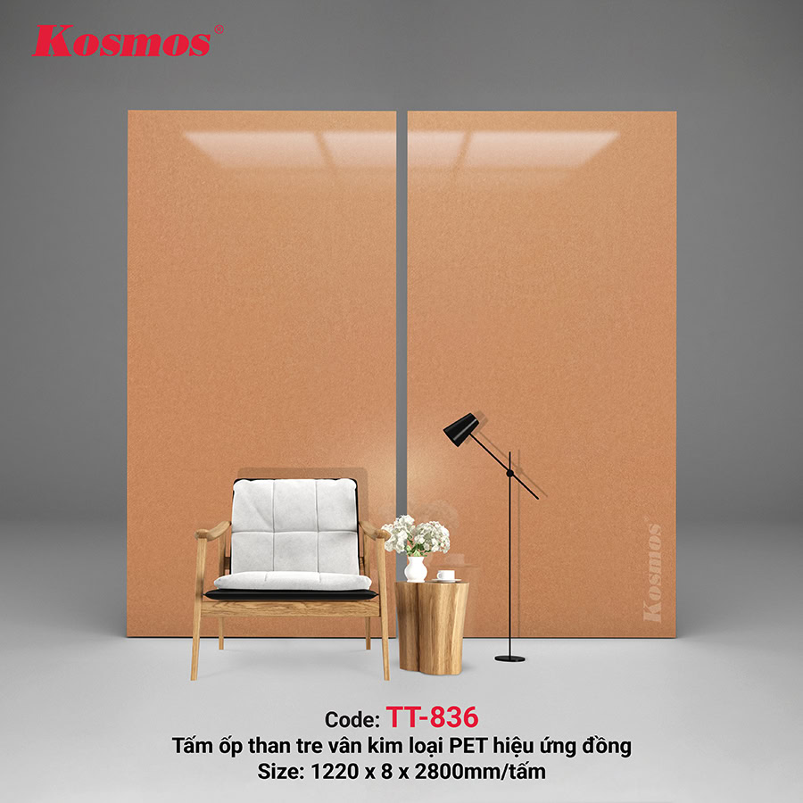 Tấm ốp than tre Kosmos vân kim loại PET hiệu ứng xước đỏ đồng TT-836 Tấm ốp than tre Kosmos vân kim loại PET hiệu ứng xước đỏ đồng TT-836