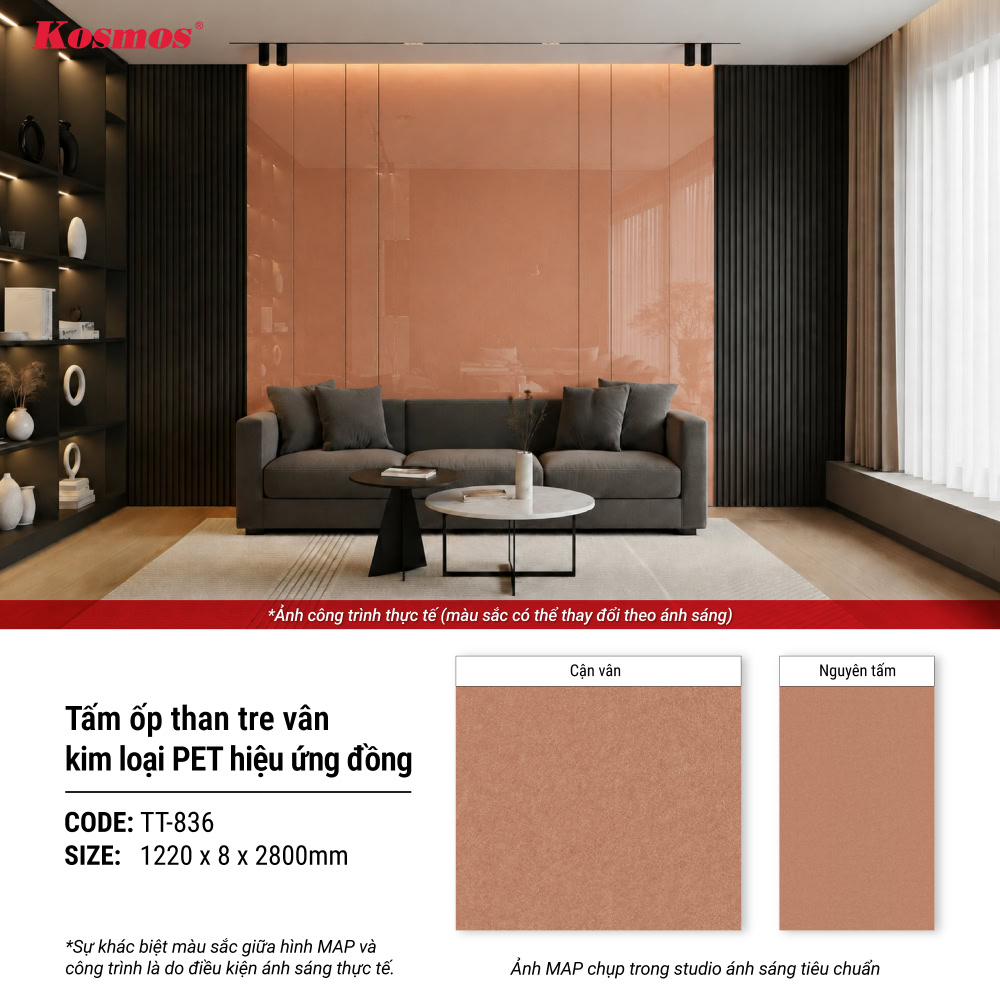 Hình ứng dụng tấm ốp than tre vân kim loại PET hiệu ứng xước đỏ đồng Hình ứng dụng tấm ốp than tre vân kim loại PET hiệu ứng xước đỏ đồng