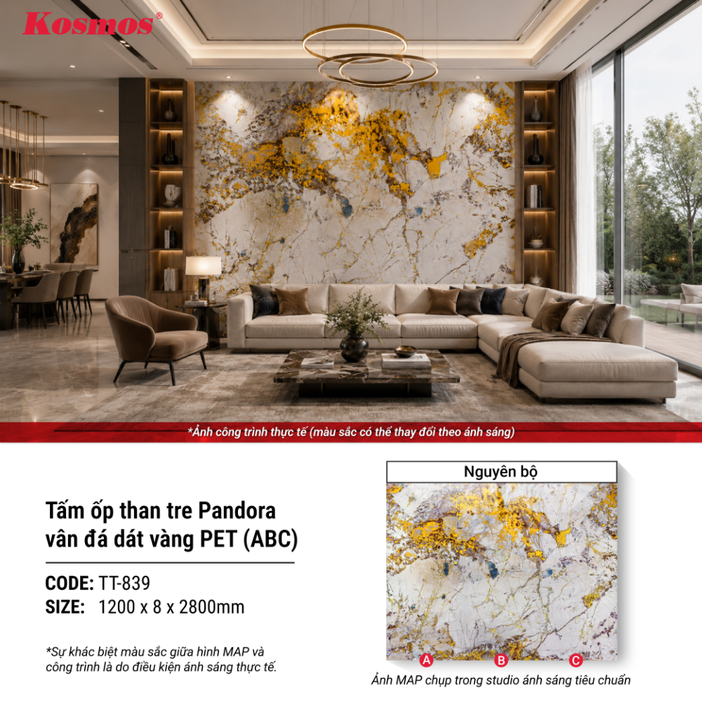 Hình ứng dụng tấm ốp than tre Pandora dát vàng PET Hình ứng dụng tấm ốp than tre Pandora dát vàng PET