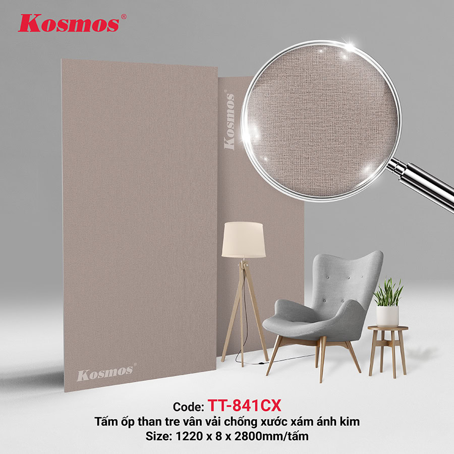 Tấm ốp tường/ốp trần sợi than tre vân vải xám ánh kim chống xước TT-841CX Tấm ốp tường/ốp trần sợi than tre vân vải xám ánh kim chống xước TT-841CX