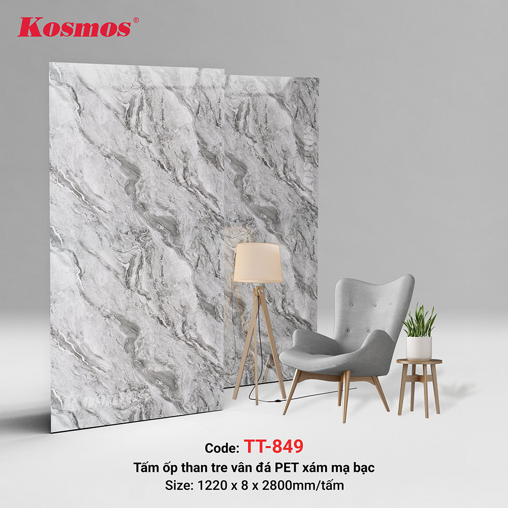 Tấm ốp tường/ốp trần than tre TT-849 vân đá PET dát bạc Tấm ốp tường/ốp trần than tre TT-849 vân đá PET dát bạc