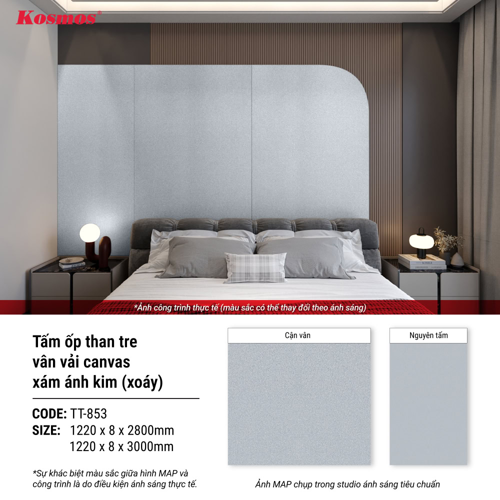 Hình công trình ứng dụng tấm ốp than tre vân vải Canvas xám ánh kim Hình công trình ứng dụng tấm ốp than tre vân vải Canvas xám ánh kim