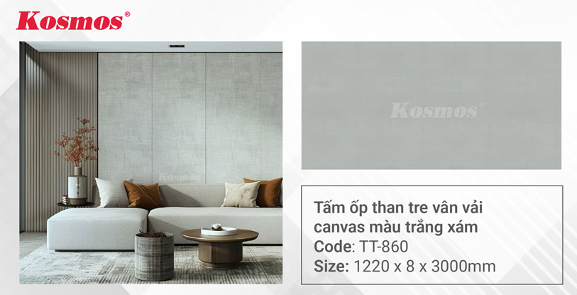Tấm ốp than tre vân vải canvas màu trắng xám TT-860 Tấm ốp than tre vân vải canvas màu trắng xám TT-860