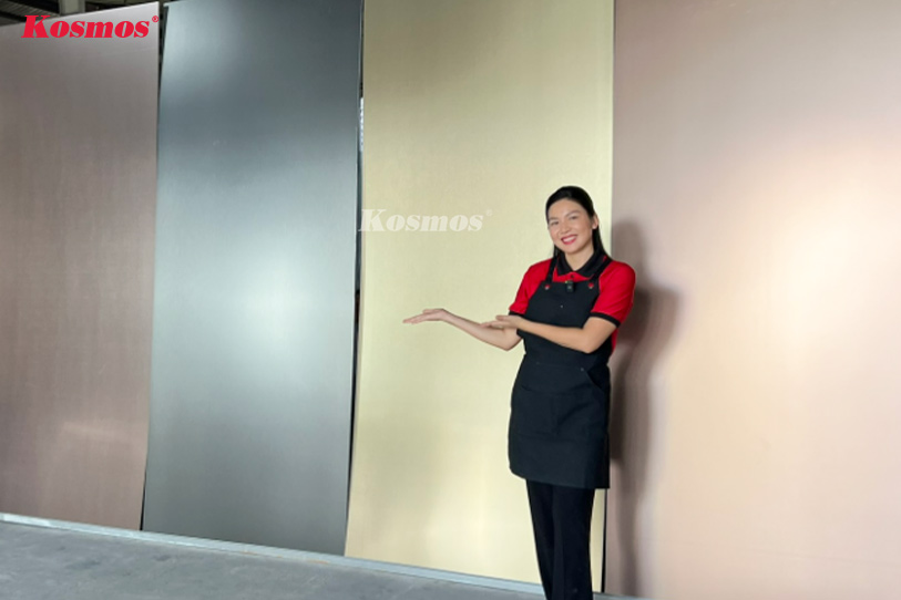 Kim Hoa et des modèles de panneaux revêtus d'un film métallique polyvalents dans l'entrepôt Kosmos