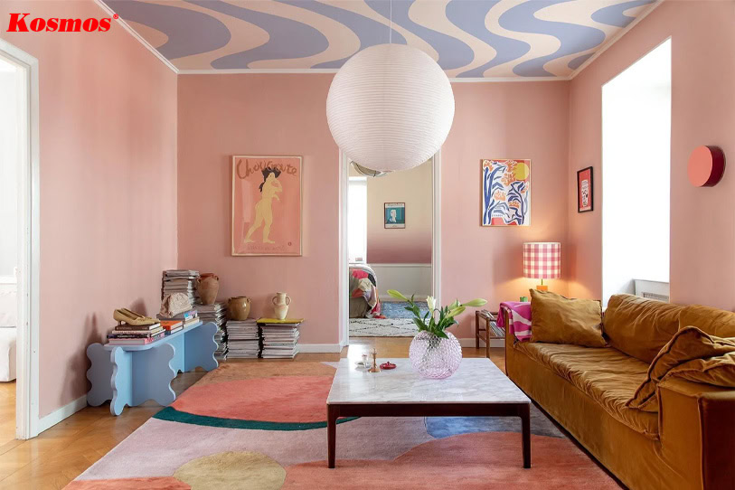 Phòng khách hiện đại với tone màu pastel hồng (Nguồn: internet)