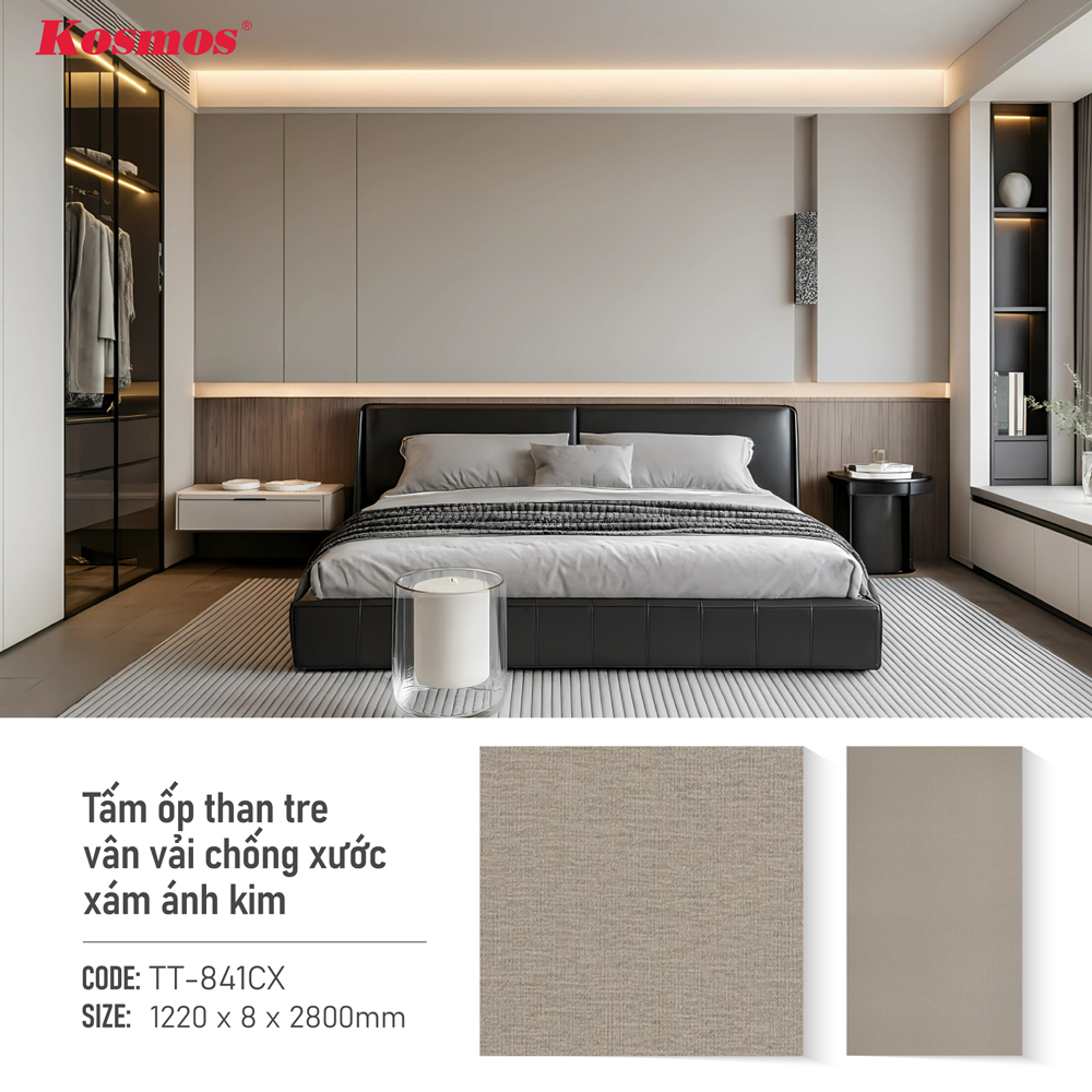 Tấm ốp than tre vân vải chống xước xám ánh kim Tấm ốp than tre vân vải chống xước xám ánh kim