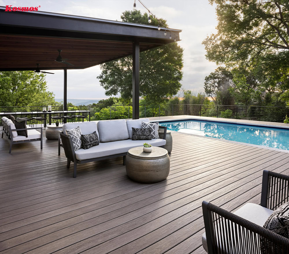 Thiết kế sàn gỗ hồ bơi, kết hợp khu vực tiếp khách ngoài trời