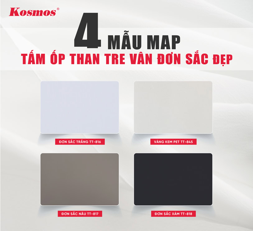 4 mẫu map tấm ốp than tre vân đơn sắc trắng, vàng kem, nâu và xám 4 mẫu map tấm ốp than tre vân đơn sắc trắng, vàng kem, nâu và xám