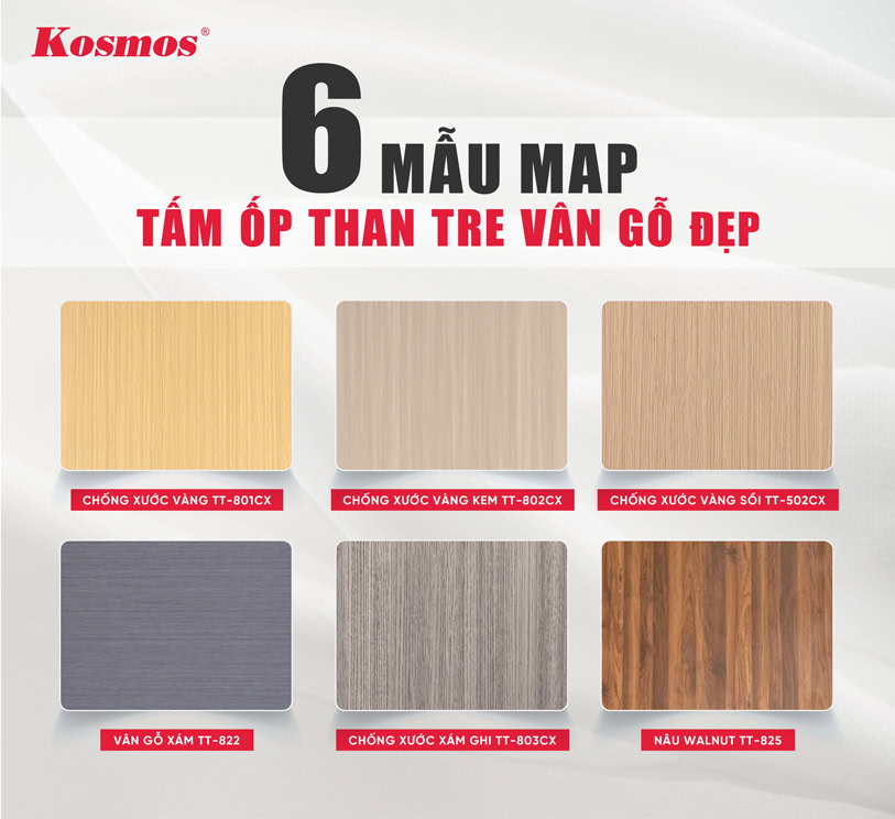 6 mẫu map tấm ốp than tre vân gỗ xước vàng, vân gỗ xước vàng kem, xước vàng sồi, vân gỗ xám, vân gỗ xám chì và vân gỗ nâu walnut 6 mẫu map tấm ốp than tre vân gỗ xước vàng, vân gỗ xước vàng kem, xước vàng sồi, vân gỗ xám, vân gỗ xám chì và vân gỗ nâu walnut