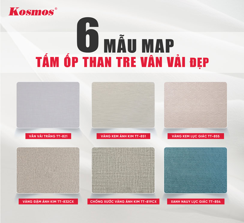 6 mẫu map tấm ốp than tre vân vải trắng, vàng kem ánh kim, vàng kem lục giác, vàng đậm, vàng ánh kim và xanh Na uy lục giác 6 mẫu map tấm ốp than tre vân vải trắng, vàng kem ánh kim, vàng kem lục giác, vàng đậm, vàng ánh kim và xanh Na uy lục giác
