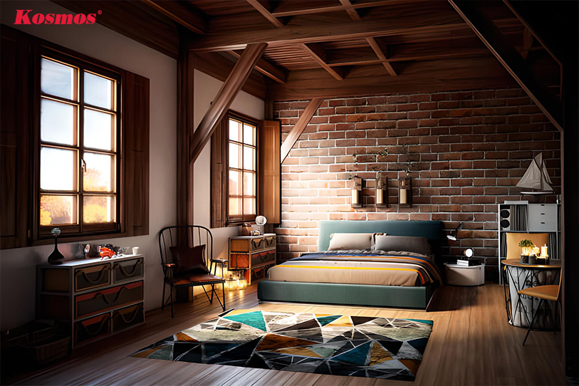 Bức tường gạch làm nổi bật tính tự nhiên và ấm áp của phòng ngủ phong cách Rustic