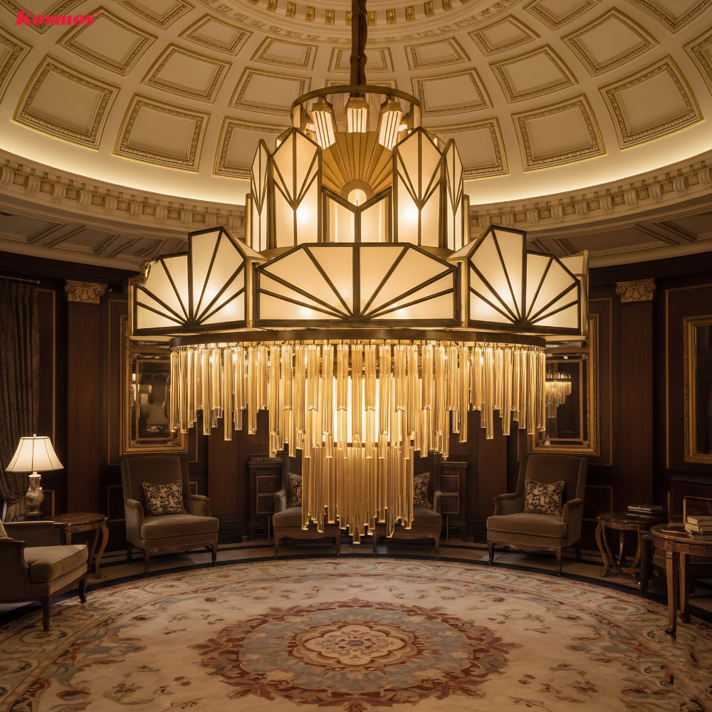 Đèn chùm hình học lớn tạo điểm nhấn trung tâm cho phong cách Art Deco