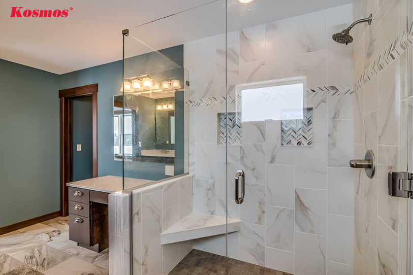 Phòng tắm lấy kính làm vật liệu chủ đạo trong nội thất phong cách Retro