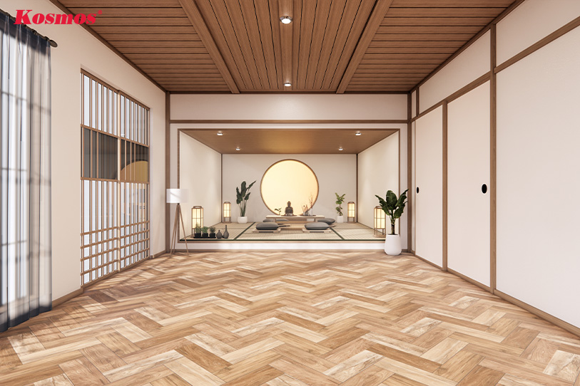 Sàn gỗ công nghiệp lát kiểu xương cá cho không gian sống theo phong cách Nhật Bản