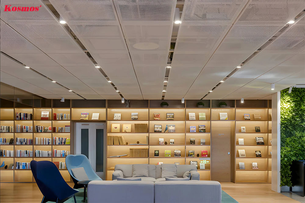 Trần nhôm dạng hở kết hợp đèn âm trần hiện đại