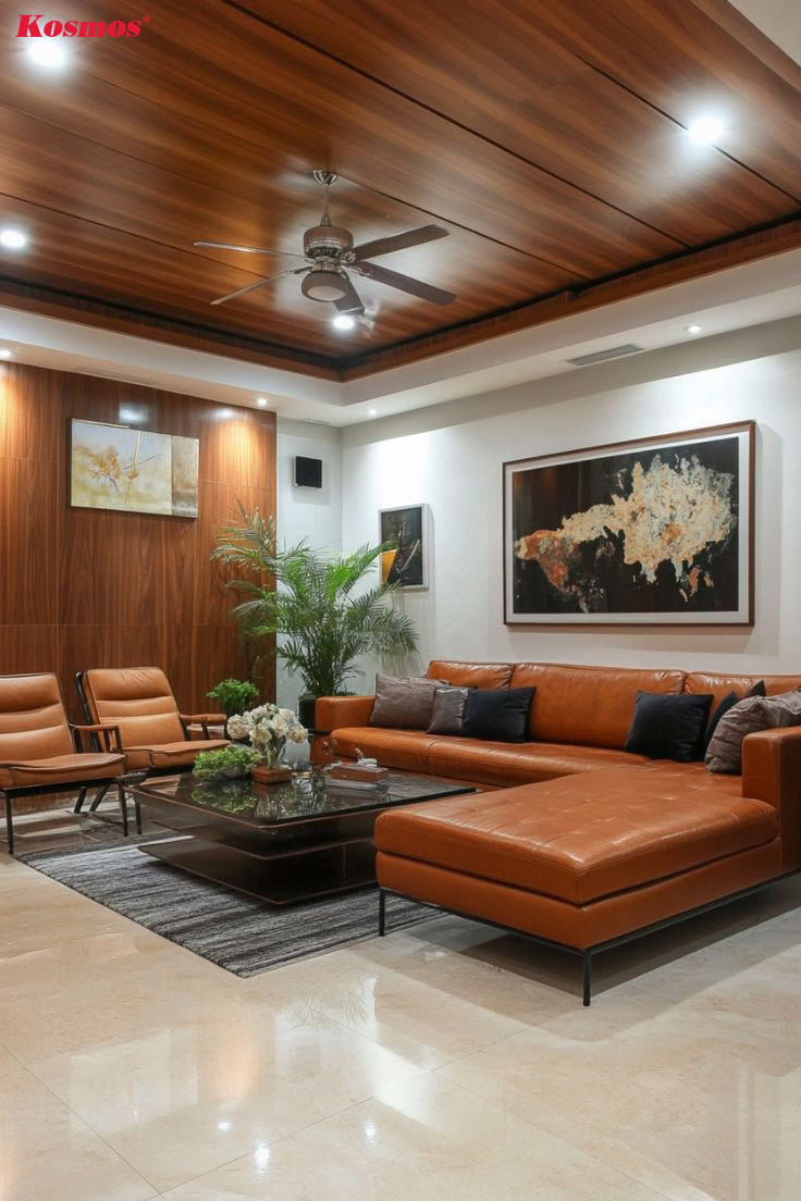 Trần nhôm giả gỗ sang trọng kết hợp quạt trần cổ điển