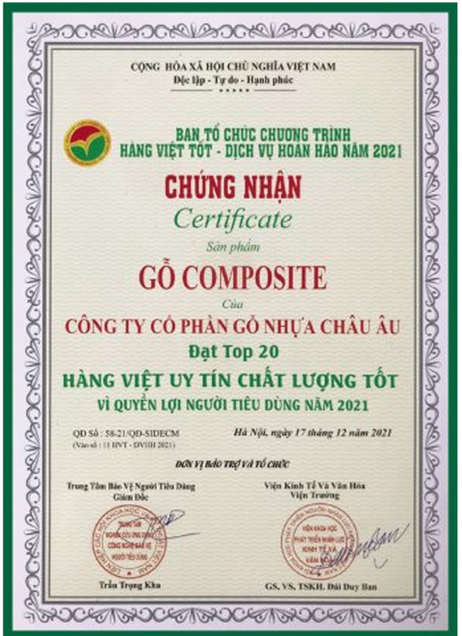 Giấy chứng nhận Cetificate gỗ composite