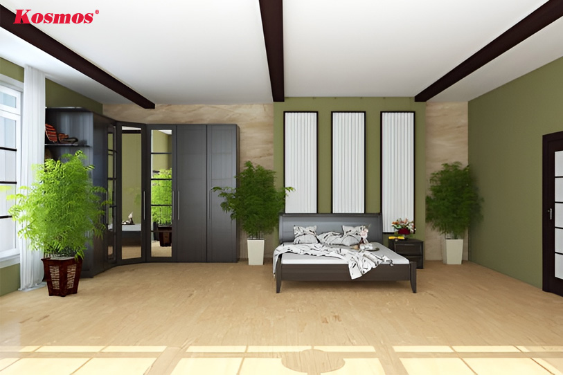 Sàn gỗ màu vàng nhạt giúp mở rộng không gian phòng ngủ