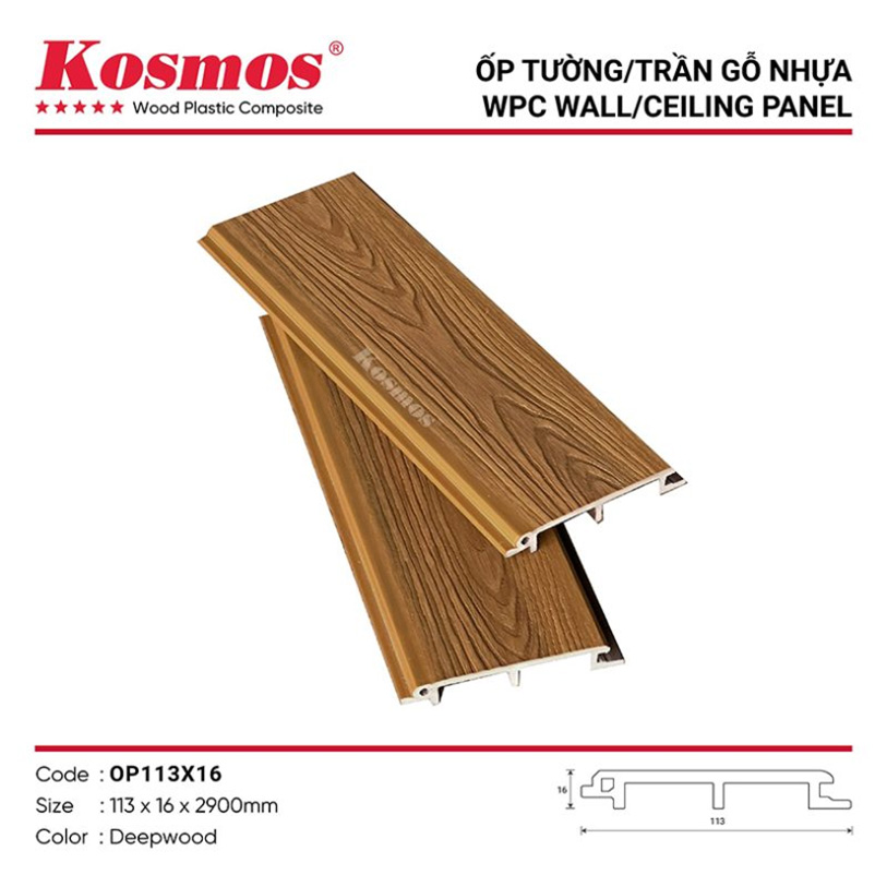Tấm ốp gỗ nhựa ASA dạng phẳng mã OP113X16 Màu Deepwood