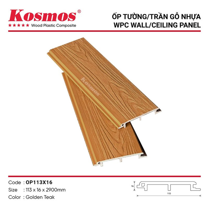 Tấm ốp gỗ nhựa ASA dạng phẳng mã OP113X16 Màu Golden Teak