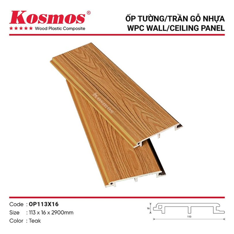 Tấm ốp gỗ nhựa ASA dạng phẳng mã OP113X16 Màu Teak