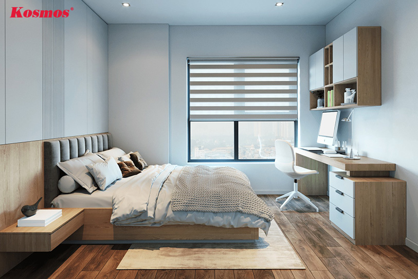 Sàn gỗ kết hợp với nội thất hiện đại mang lại không gian phòng ngủ sang trọng