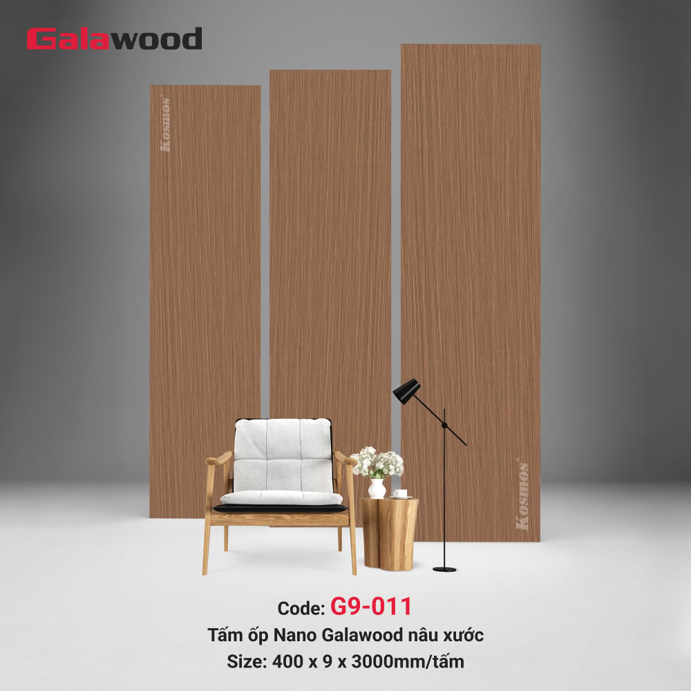 Tấm ốp nhựa Nano Galawood G9-011 có bề mặt phẳng họa tiết vân gỗ nâu xước