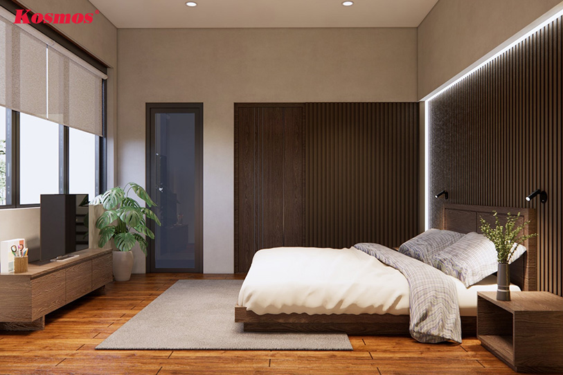 Trang trí không gian phòng ngủ độc đáo với sàn gỗ đẹp và tấm ốp lam sóng