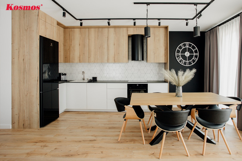 Ứng dụng sàn gỗ đồng màu với thiết kế tủ bếp hiện đại