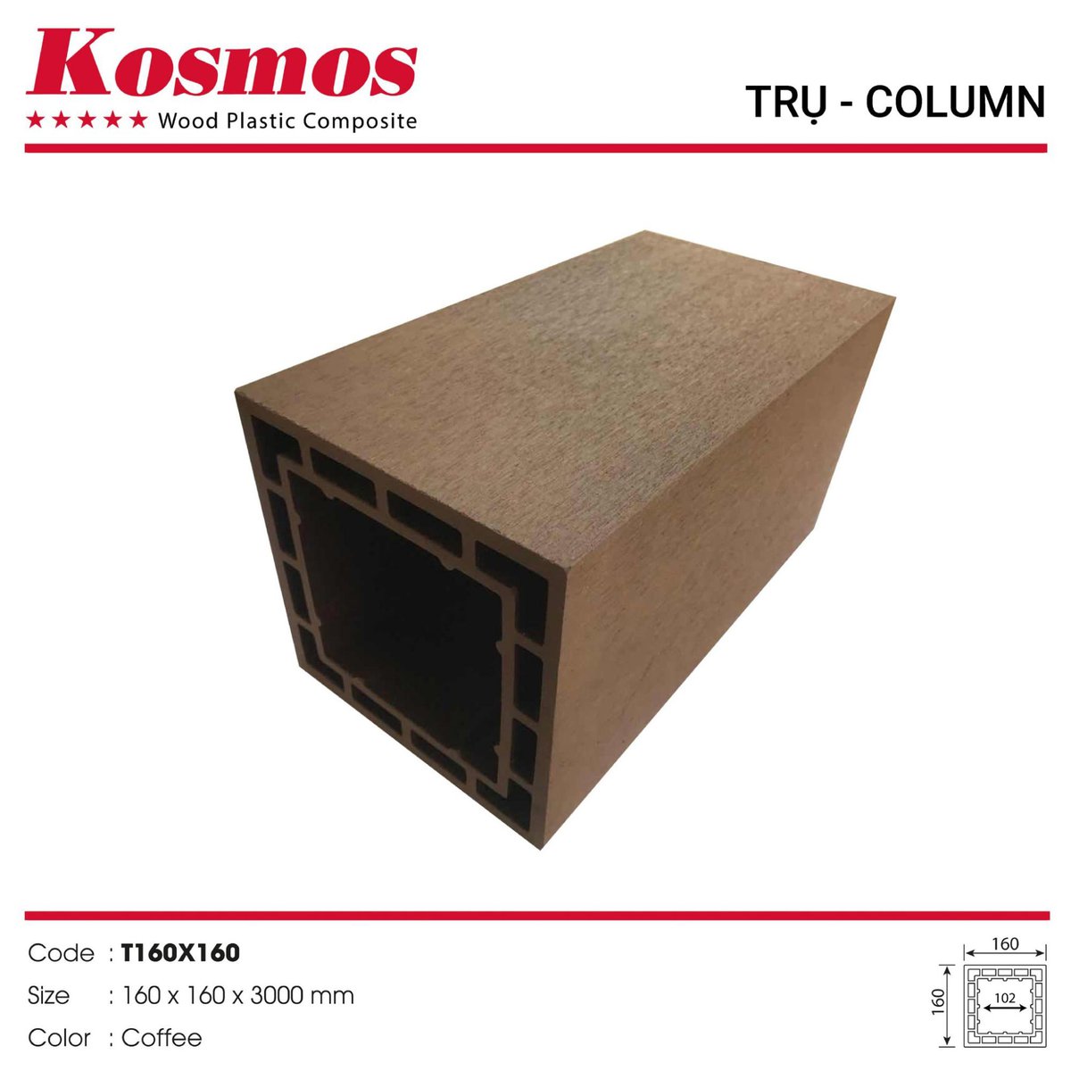 Pergola Kosmos T160X160 plastic wood pillar in Coffee color