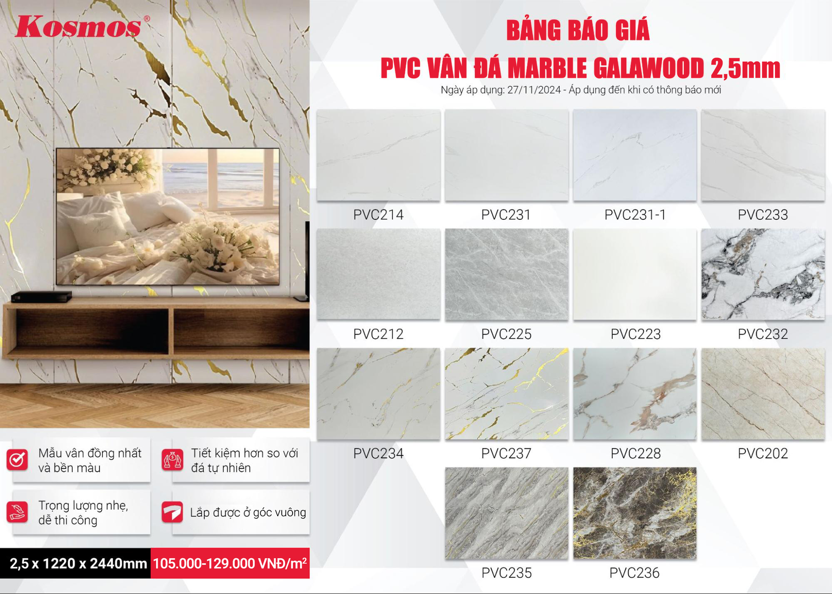 Giá tấm PVC vân đá Galawood 2,5mm