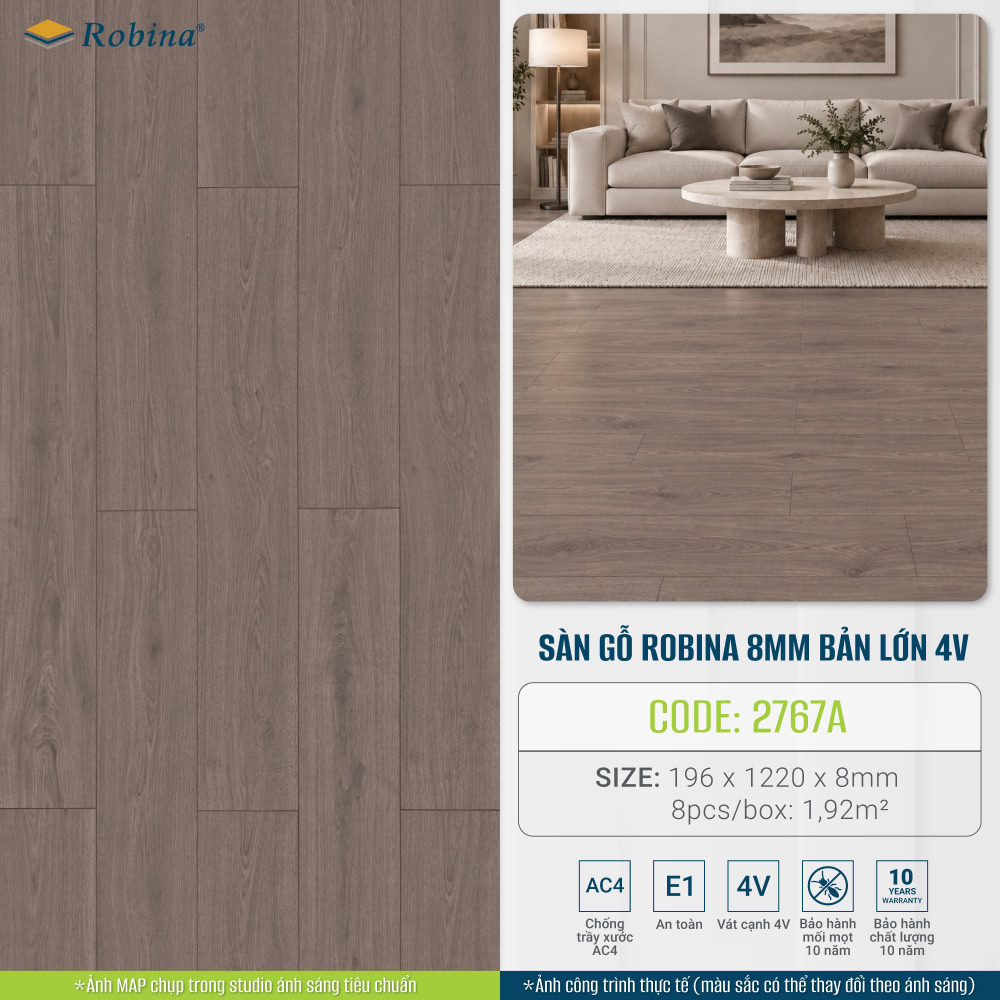 Robina 2767A là sàn gỗ hèm khóa 4V có kích thước 196 x 1220 x8mm Robina 2767A là sàn gỗ hèm khóa 4V có kích thước 196 x 1220 x8mm