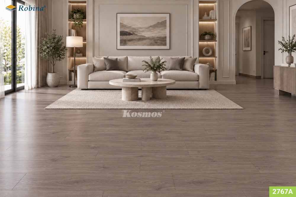 Sàn gỗ Robina 2767A màu xám ghi nhạt có thể ứng dụng ở phòng khách, sofa, phòng ngủ hoặc studio Sàn gỗ Robina 2767A màu xám ghi nhạt có thể ứng dụng ở phòng khách, sofa, phòng ngủ hoặc studio