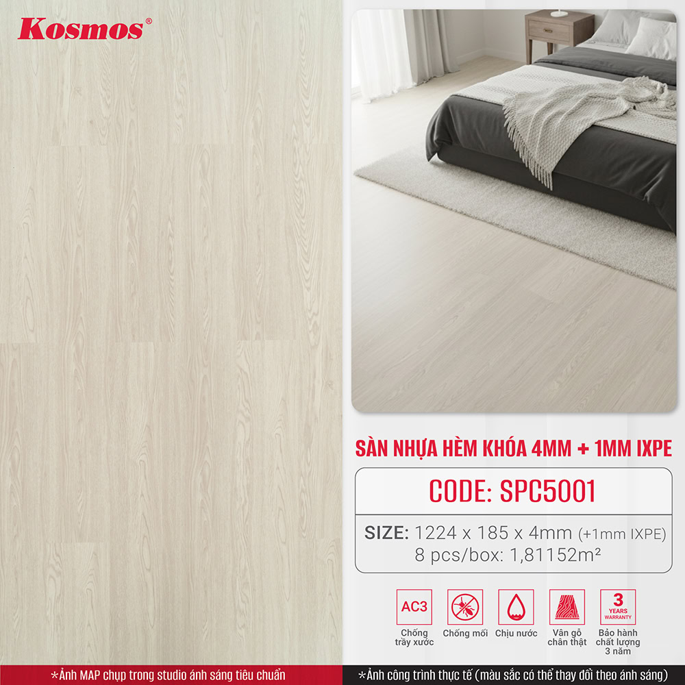 Hình ứng dụng sàn nhựa giả gỗ trắng ngà SPC5001 Kosmos Hình ứng dụng sàn nhựa giả gỗ trắng ngà SPC5001 Kosmos