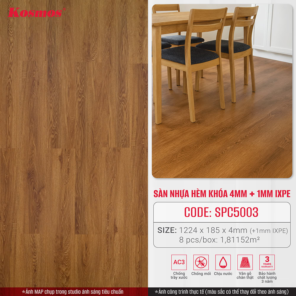 Hình ứng dụng sàn nhựa giả gỗ vàng nâu SPC5003 Kosmos