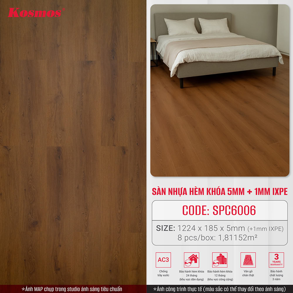 Hình ứng dụng sàn nhựa giả gỗ nâu walnut SPC6006 Kosmos Hình ứng dụng sàn nhựa giả gỗ nâu walnut SPC6006 Kosmos