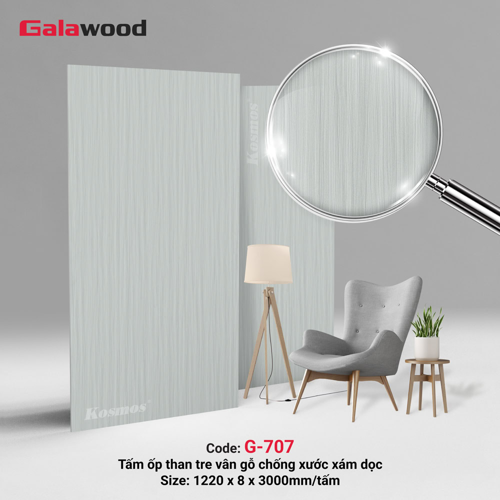 G-707 is a scratch-resistant vertical gray bamboo charcoal wood grain cladding panel.