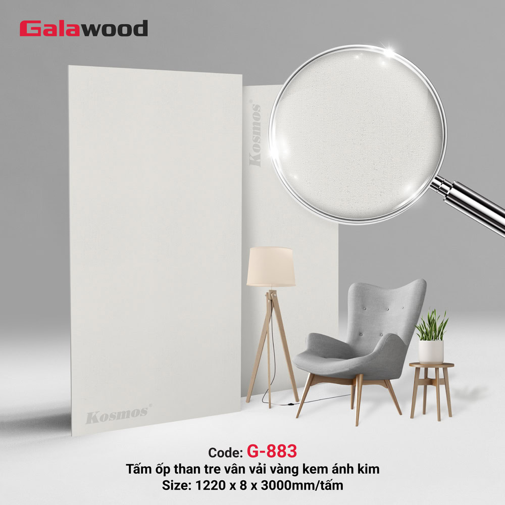 Tấm ốp sợi than tre vân vải vàng kem ánh kim G-883 Galawood Tấm ốp sợi than tre vân vải vàng kem ánh kim G-883 Galawood