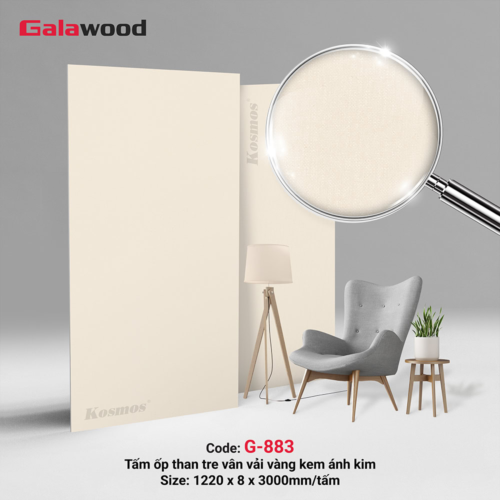 Tấm ốp sợi than tre vân vải vàng kem ánh kim G-883 Galawood