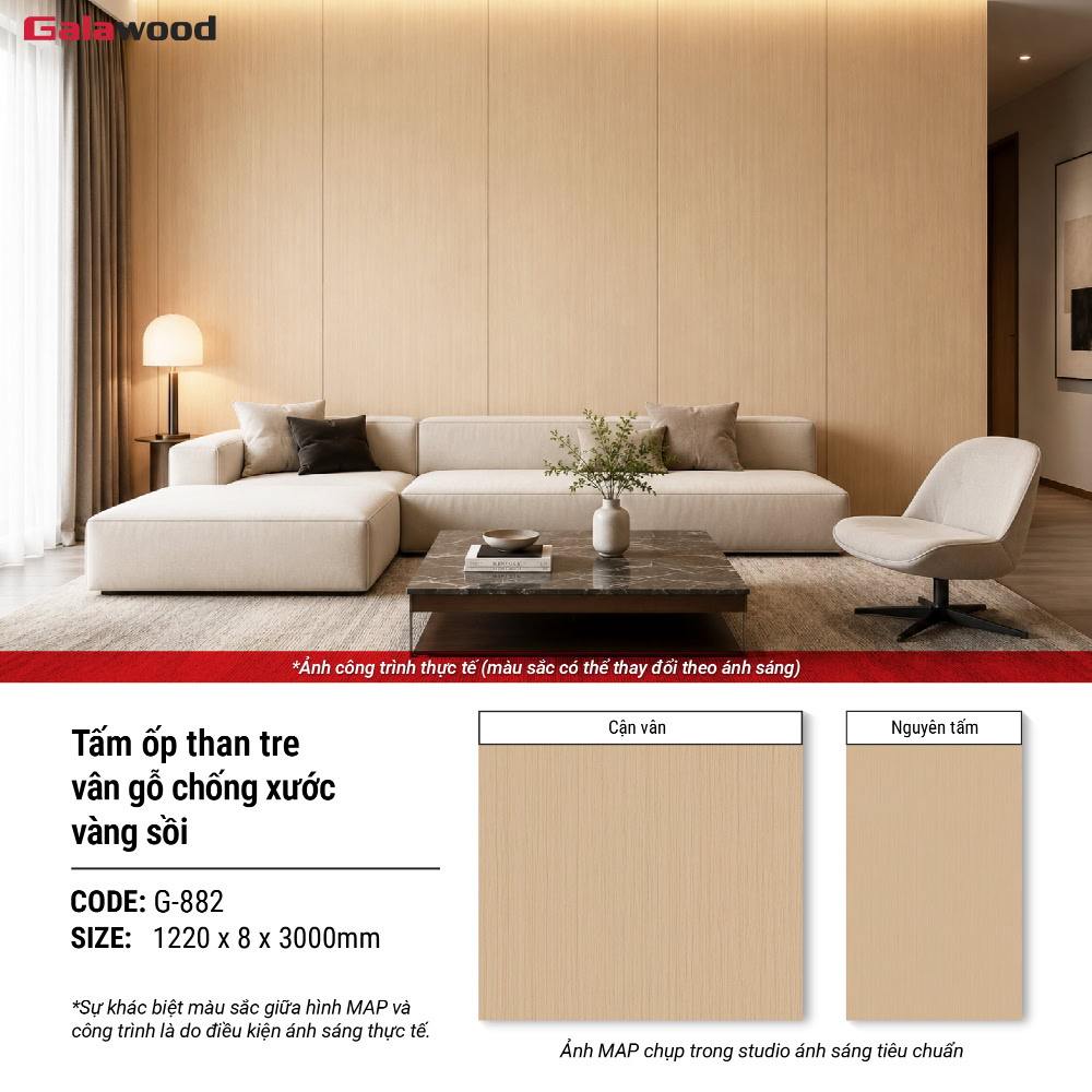 Hình ứng dụng tấm ốp than tre Galawood G-882 vân gỗ vàng sồi Hình ứng dụng tấm ốp than tre Galawood G-882 vân gỗ vàng sồi