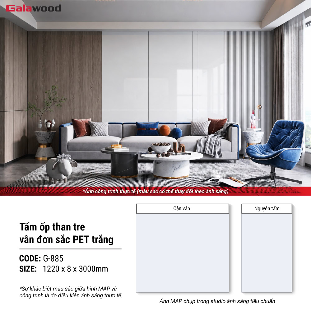 Hình ứng dụng tấm ốp than tre Galawood G-885 đơn sắc PET trắng Hình ứng dụng tấm ốp than tre Galawood G-885 đơn sắc PET trắng