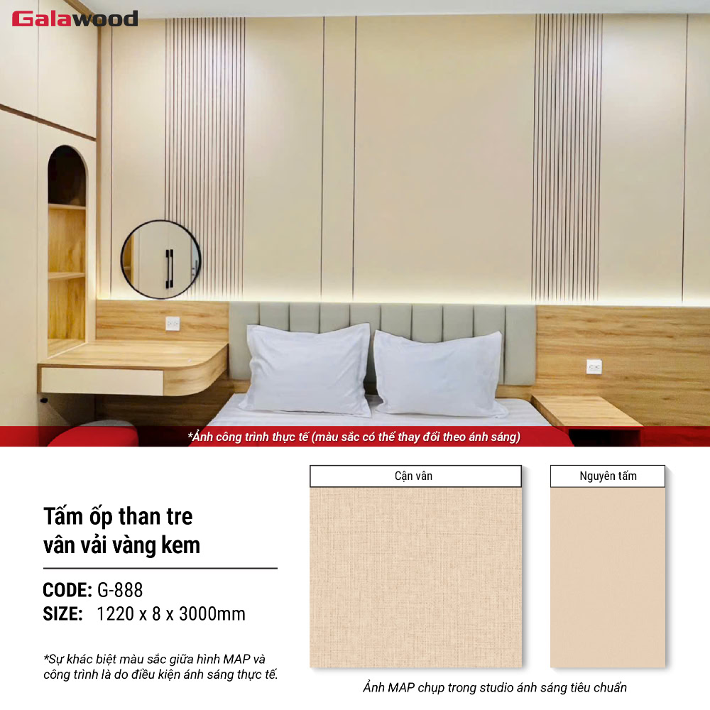 Hình ứng dụng tấm ốp than tre Galawood G-888 vân vải vàng ánh kim Hình ứng dụng tấm ốp than tre Galawood G-888 vân vải vàng ánh kim