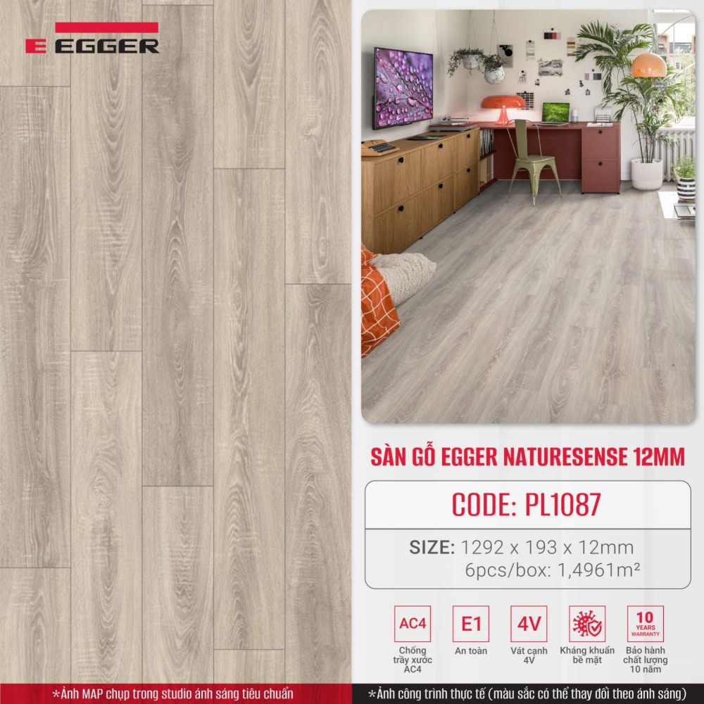 Naturesense 12mm PL1087 là dòng sàn gỗ nhập khẩu từ Đức, tông màu xám trắng 